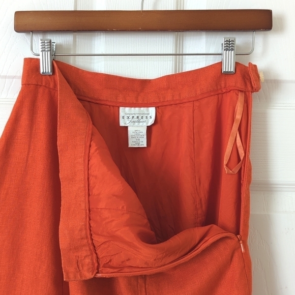 Express Tailleur 90's Vintage Linen High Waisted Mini Pencil Skirt Orange 7/8 - Picture 3 of 9